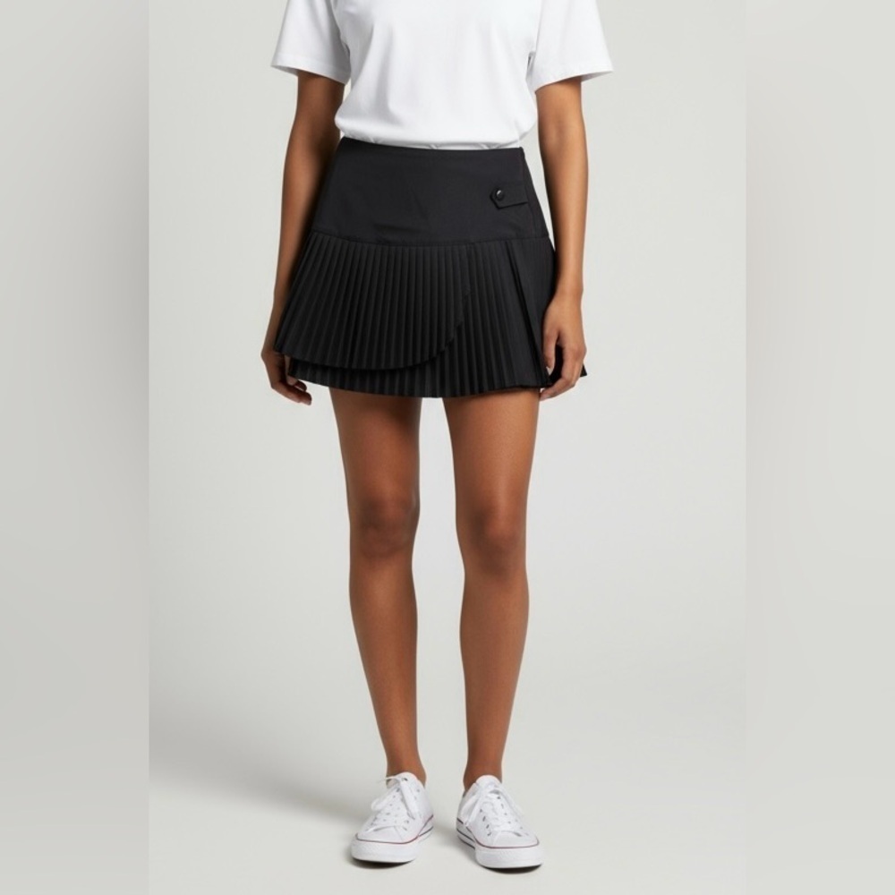 VTG Y2K Pleated Accordian Layered Mini Skirt Sz JR L Black Zip Back School Girl